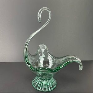 Sooner Glass Swan Clear Green Art Glass Centerpiece Bowl Basket USA Vintage